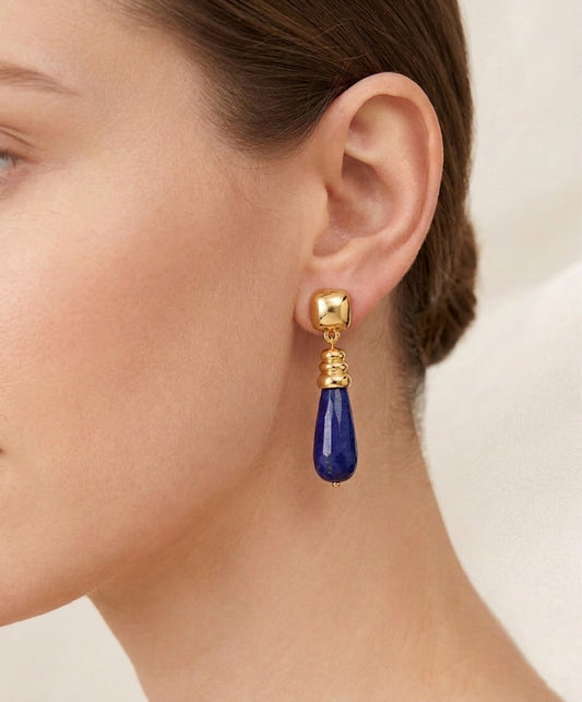 Gold Lapis Lazuli Drop Earrings - Crafted with Brass
