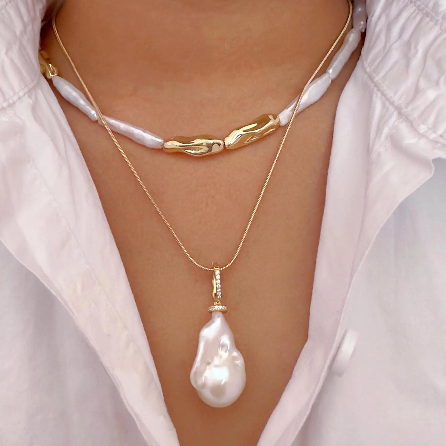 Baroque Pearl Layered Necklace - Crafted with Brass