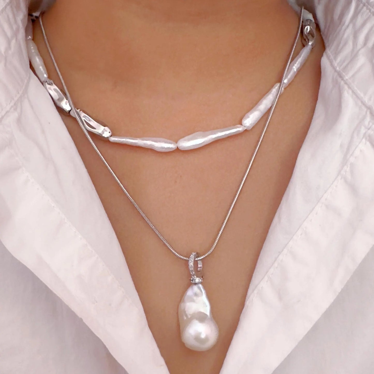 Baroque Pearl Layered Necklace - Crafted with Brass