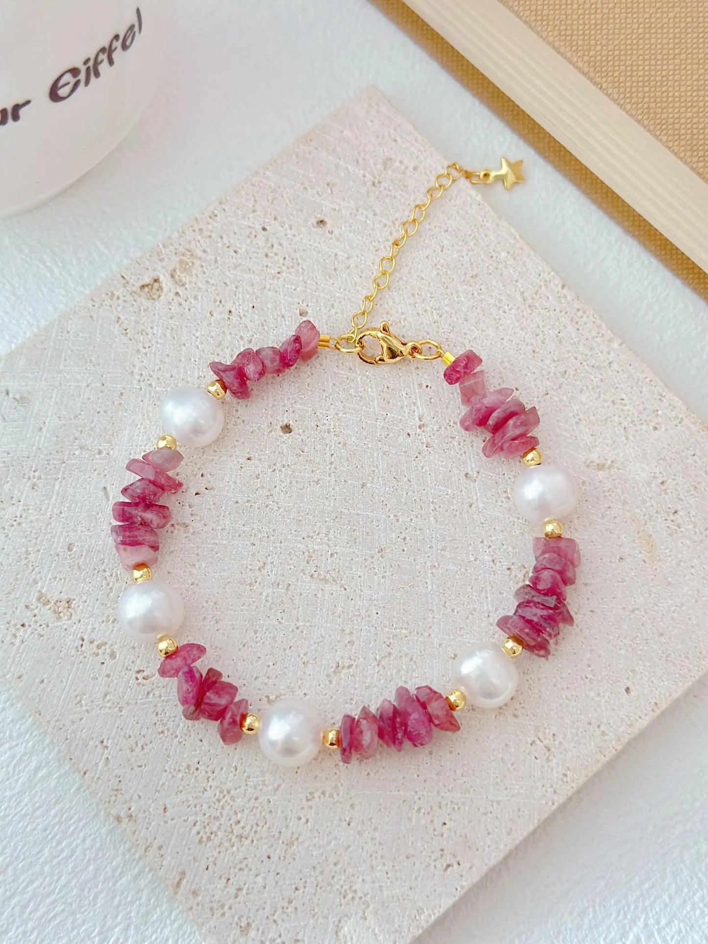 Handmade Pearl & Watermelon Tourmaline Bracelet - Crafted with Brass
