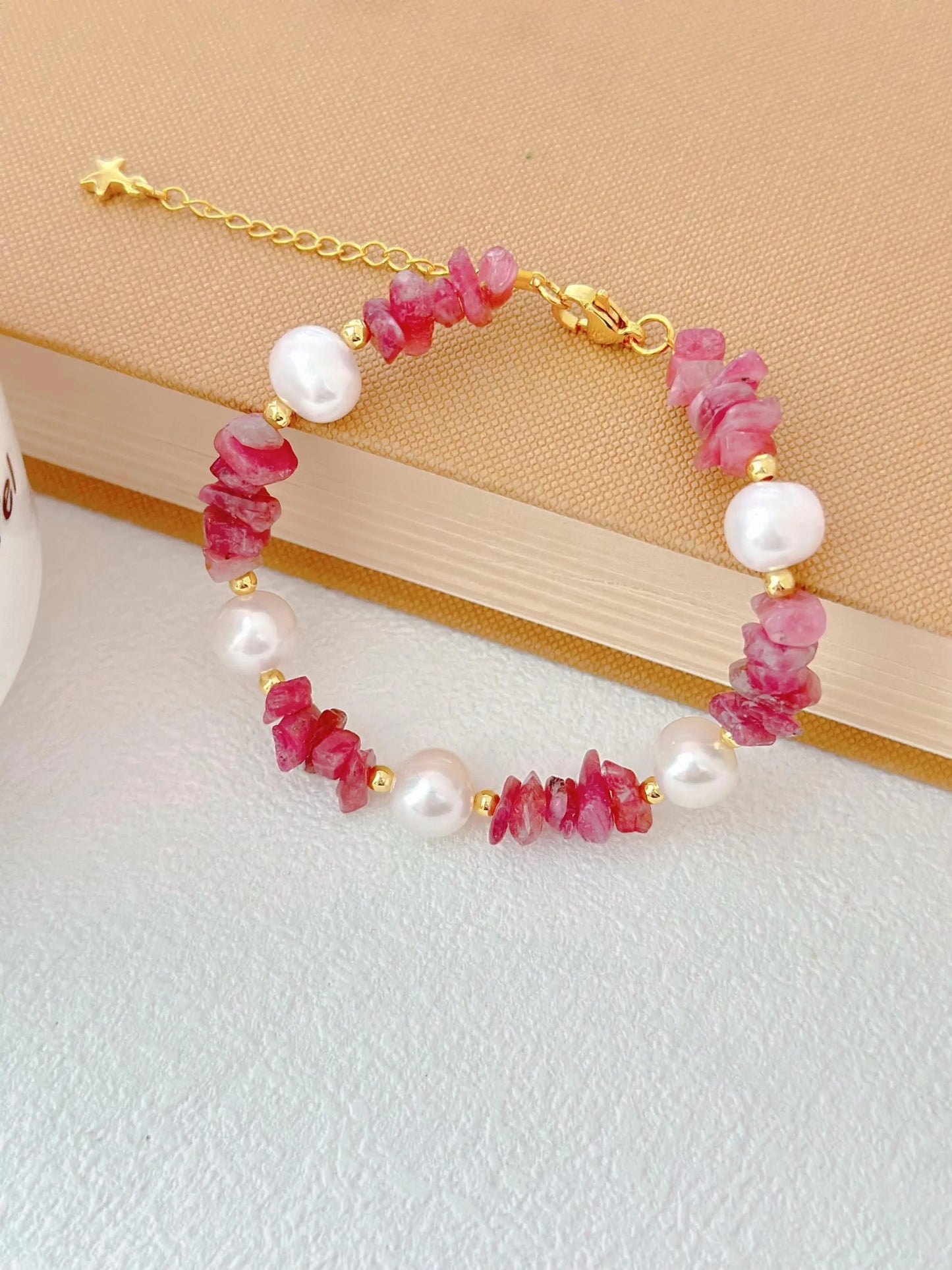 Handmade Pearl & Watermelon Tourmaline Bracelet - Crafted with Brass
