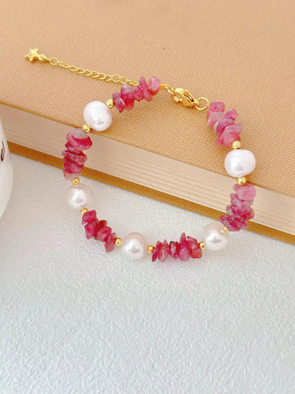 Handmade Pearl & Watermelon Tourmaline Bracelet - Crafted with Brass