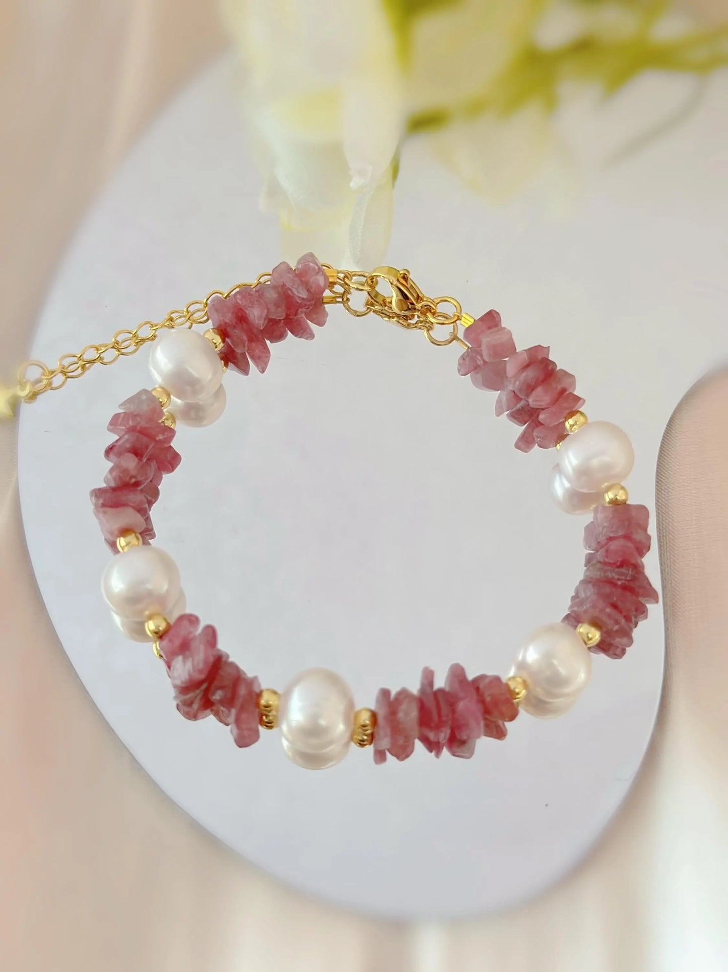 Handmade Pearl & Watermelon Tourmaline Bracelet - Crafted with Brass