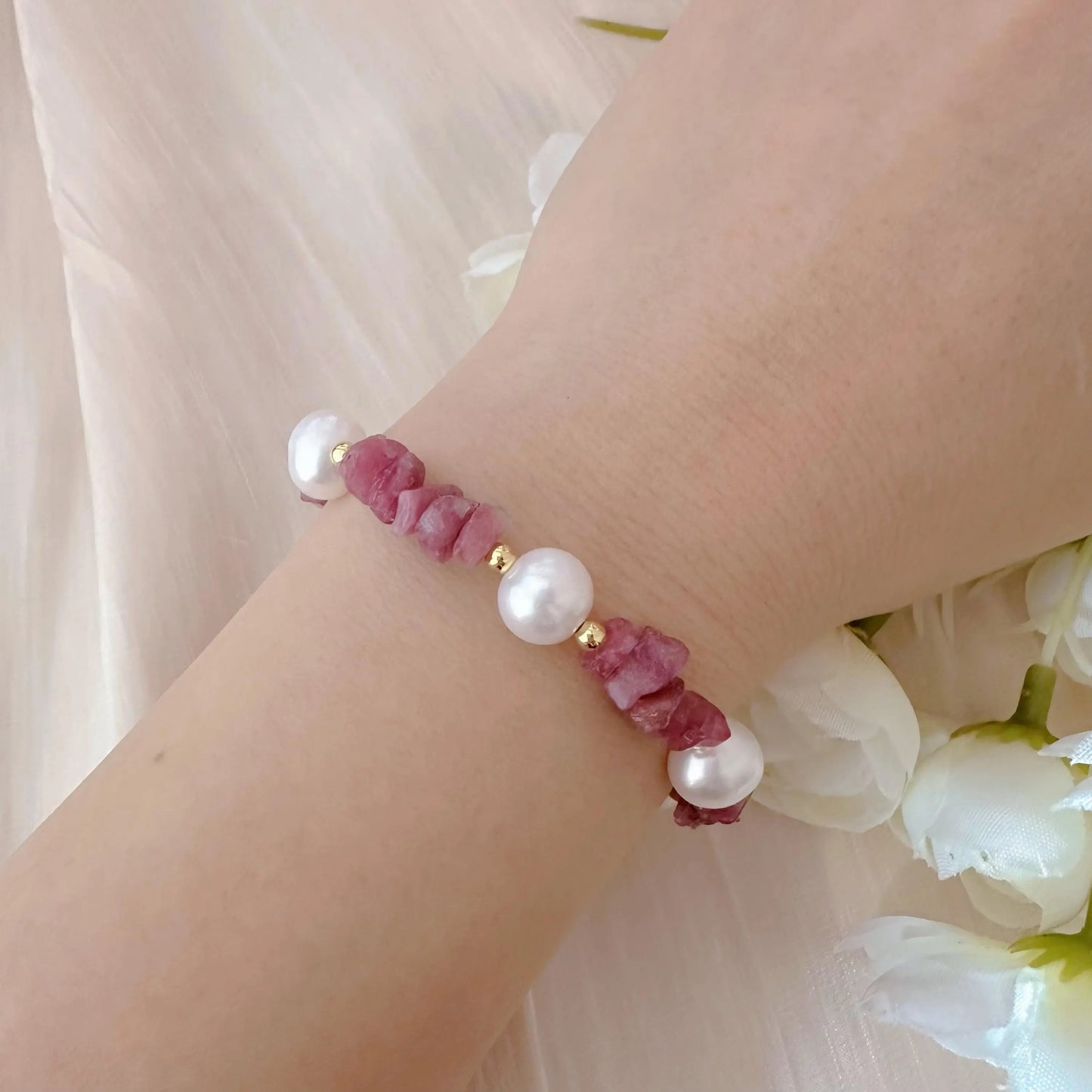 Handmade Pearl & Watermelon Tourmaline Bracelet - Crafted with Brass