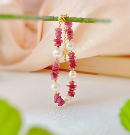Handmade Pearl & Watermelon Tourmaline Bracelet - Crafted with Brass