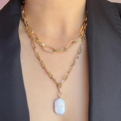 Chunky Layered Chain & Baroque Pearl Necklace