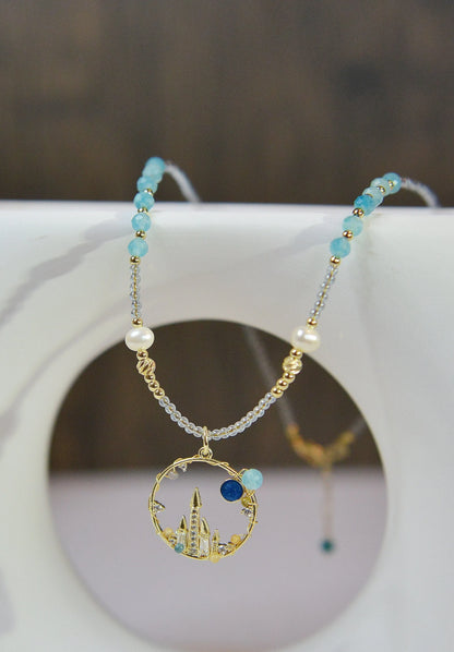 Blue Moon Castle Necklace, Amazonite + Fluorite + Freshwater Pearl