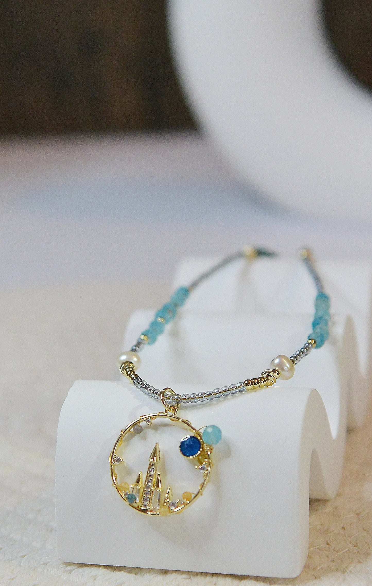 Blue Moon Castle Necklace, Amazonite + Fluorite + Freshwater Pearl