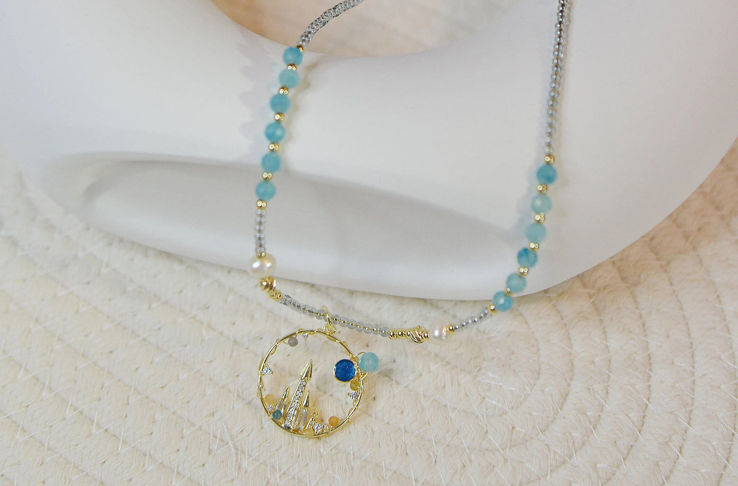 Blue Moon Castle Necklace, Amazonite + Fluorite + Freshwater Pearl