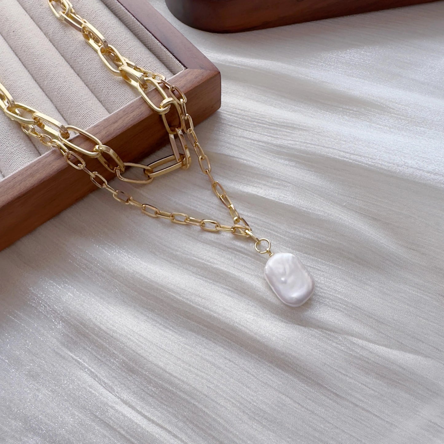 Chunky Layered Chain & Baroque Pearl Necklace