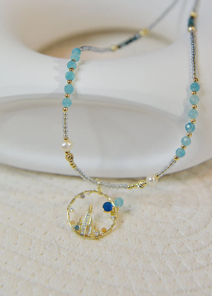 Blue Moon Castle Necklace, Amazonite + Fluorite + Freshwater Pearl