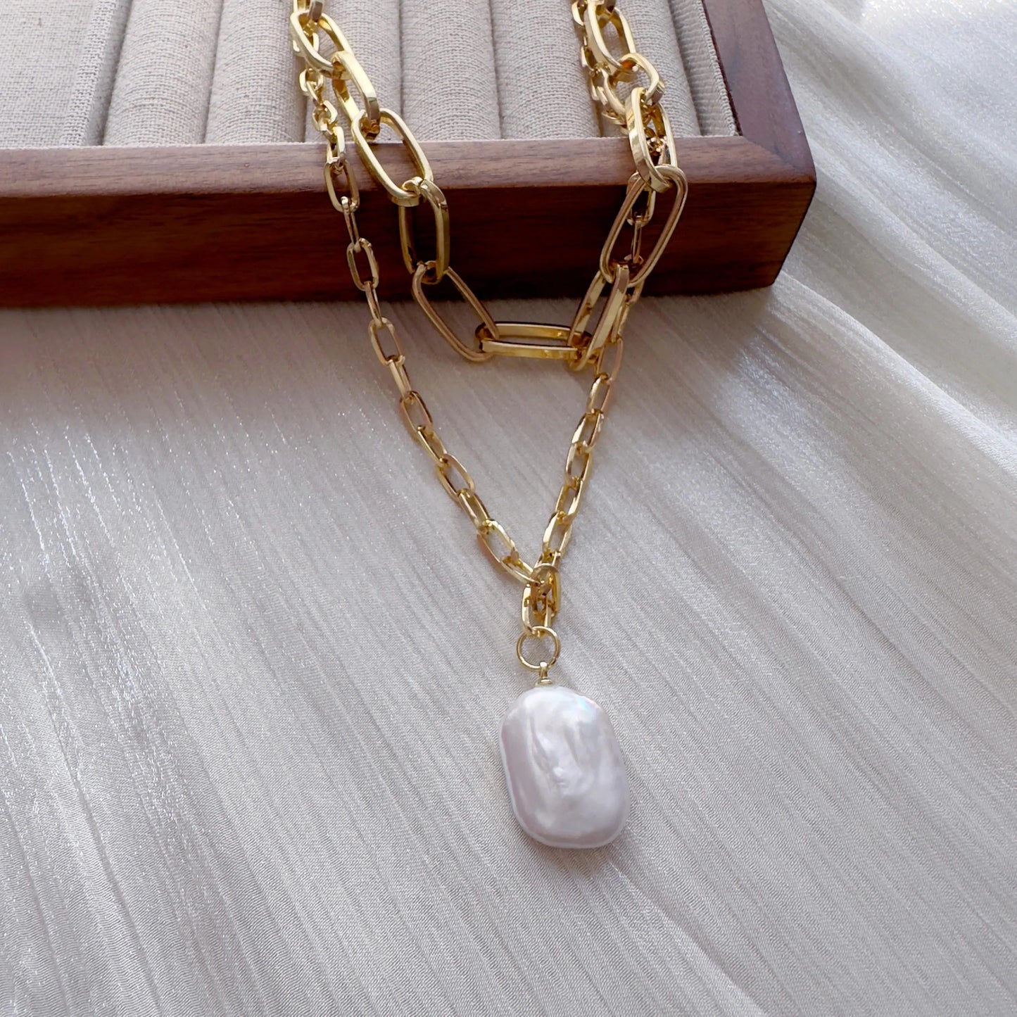 Chunky Layered Chain & Baroque Pearl Necklace