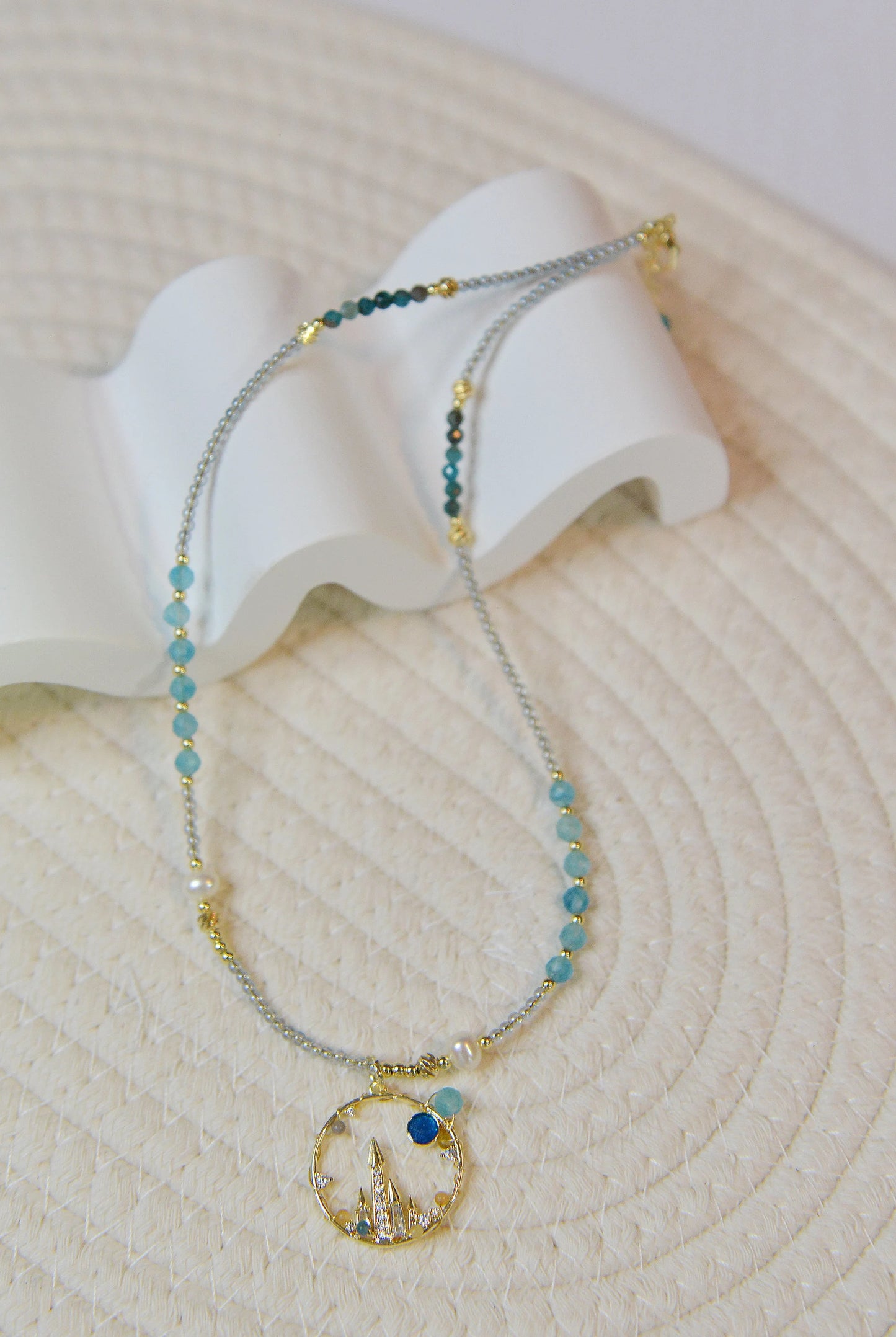 Blue Moon Castle Necklace, Amazonite + Fluorite + Freshwater Pearl