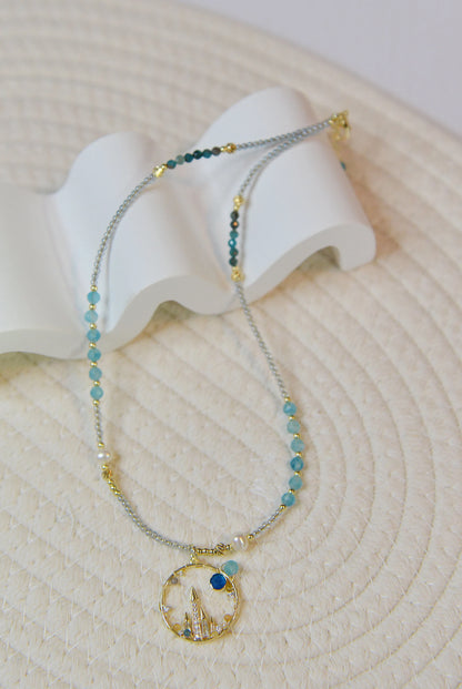 Blue Moon Castle Necklace, Amazonite + Fluorite + Freshwater Pearl