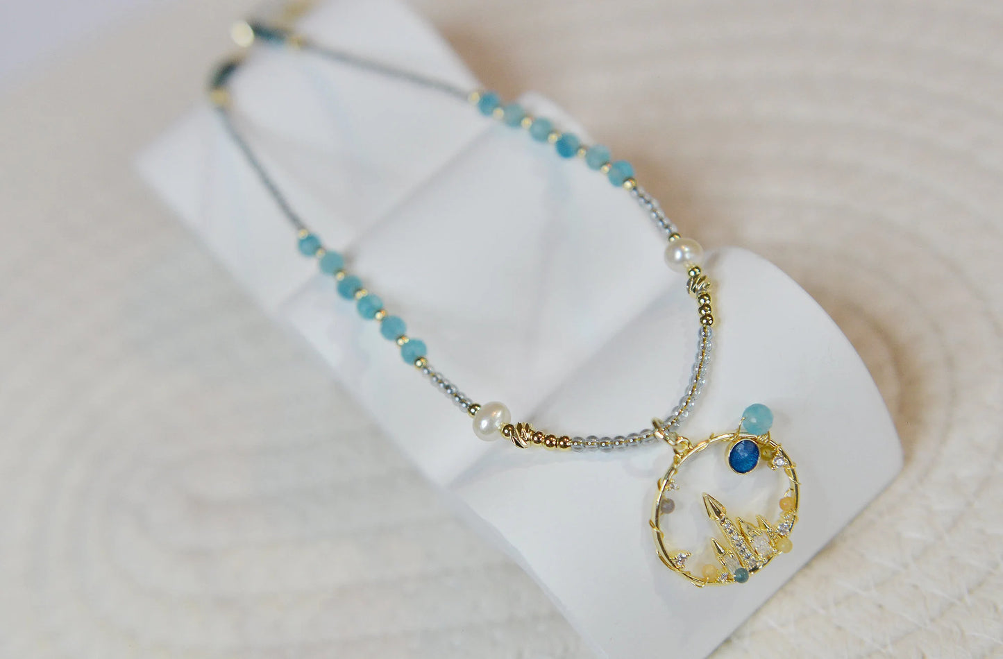 Blue Moon Castle Necklace, Amazonite + Fluorite + Freshwater Pearl