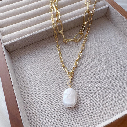 Chunky Layered Chain & Baroque Pearl Necklace