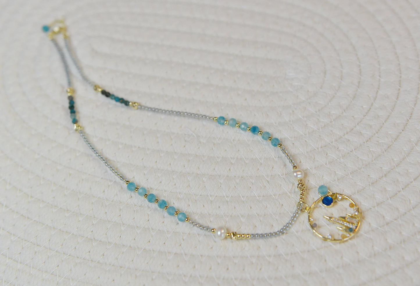 Blue Moon Castle Necklace, Amazonite + Fluorite + Freshwater Pearl