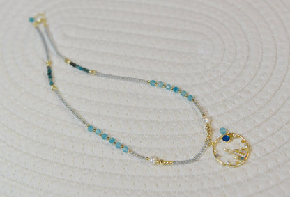 Blue Moon Castle Necklace, Amazonite + Fluorite + Freshwater Pearl