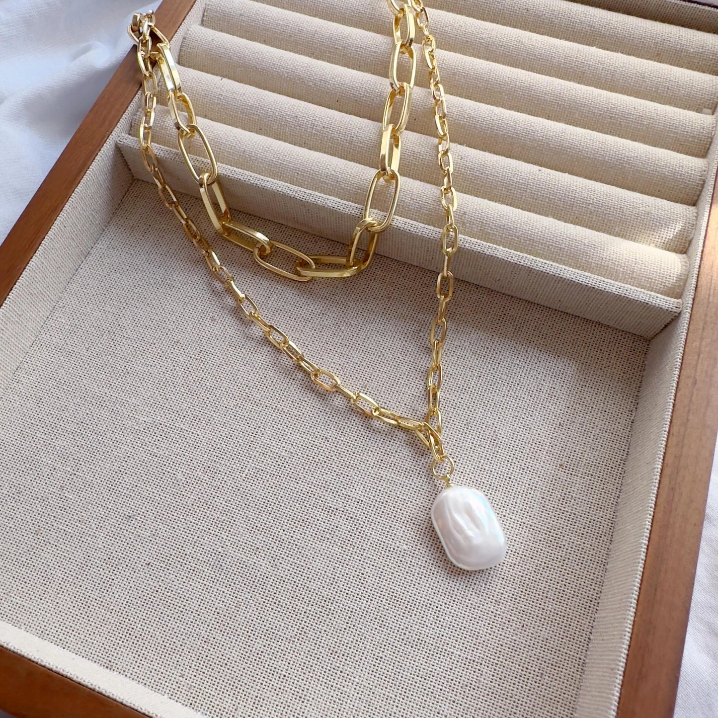 Chunky Layered Chain & Baroque Pearl Necklace