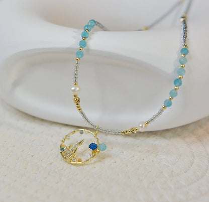 Blue Moon Castle Necklace, Amazonite + Fluorite + Freshwater Pearl