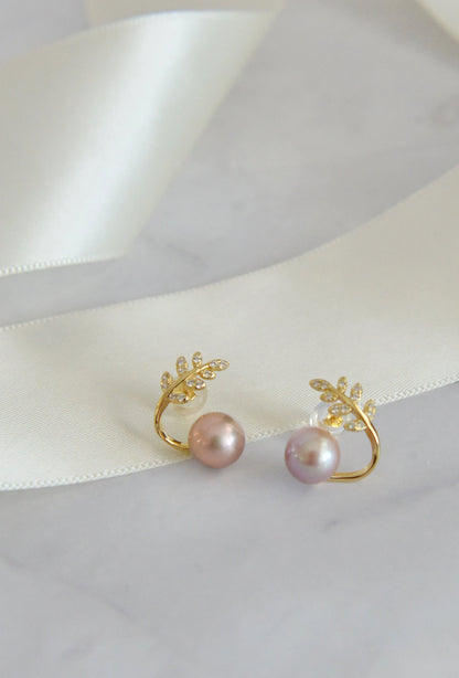 Natural Pearl on Olive Leaves Stud Earrings, 18K Gold Plated Sterling