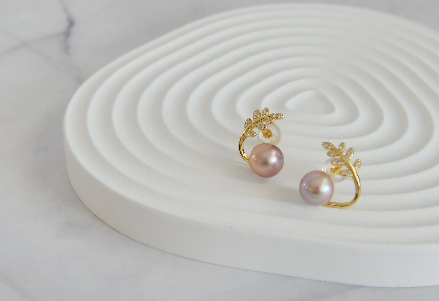 Natural Pearl on Olive Leaves Stud Earrings, 18K Gold Plated Sterling