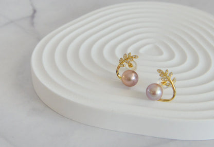 Natural Pearl on Olive Leaves Stud Earrings, 18K Gold Plated Sterling
