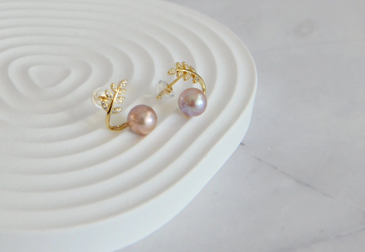 Natural Pearl on Olive Leaves Stud Earrings, 18K Gold Plated Sterling