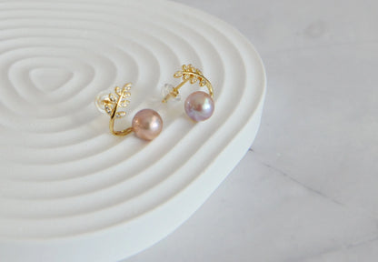 Natural Pearl on Olive Leaves Stud Earrings, 18K Gold Plated Sterling