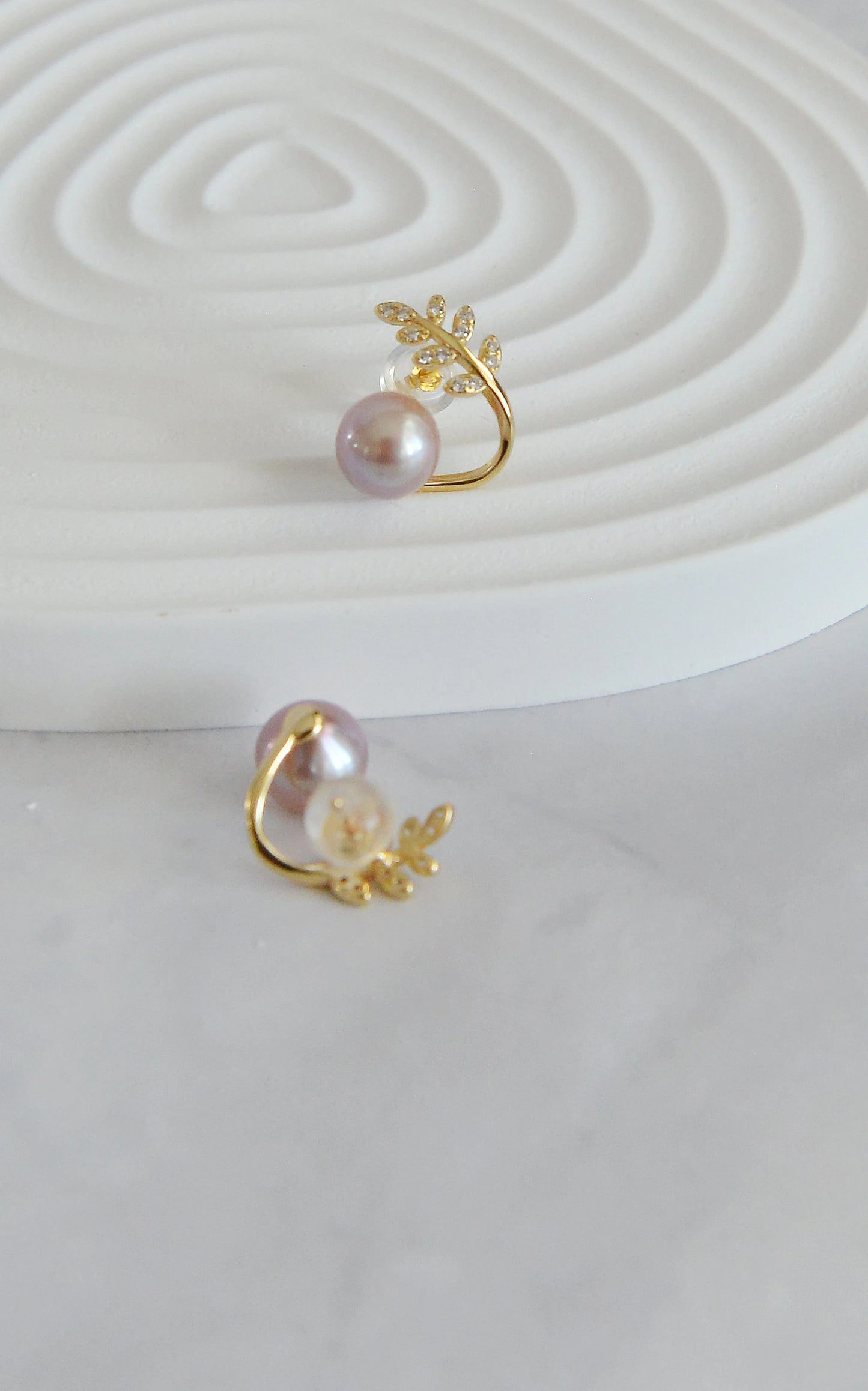 Natural Pearl on Olive Leaves Stud Earrings, 18K Gold Plated Sterling