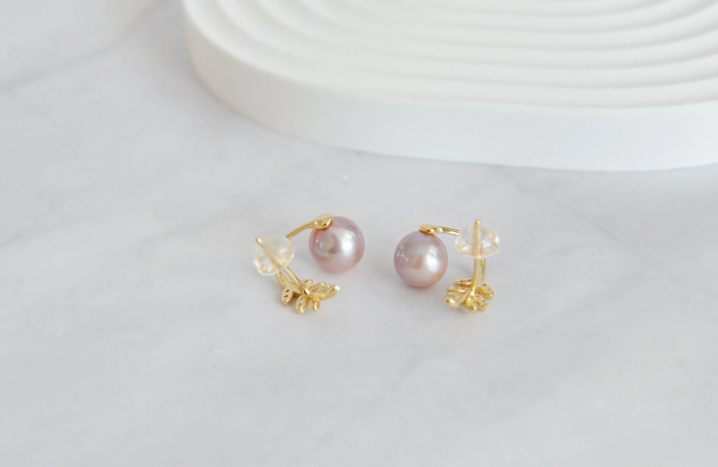 Natural Pearl on Olive Leaves Stud Earrings, 18K Gold Plated Sterling
