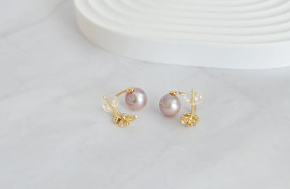Natural Pearl on Olive Leaves Stud Earrings, 18K Gold Plated Sterling