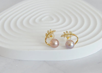 Natural Pearl on Olive Leaves Stud Earrings, 18K Gold Plated Sterling