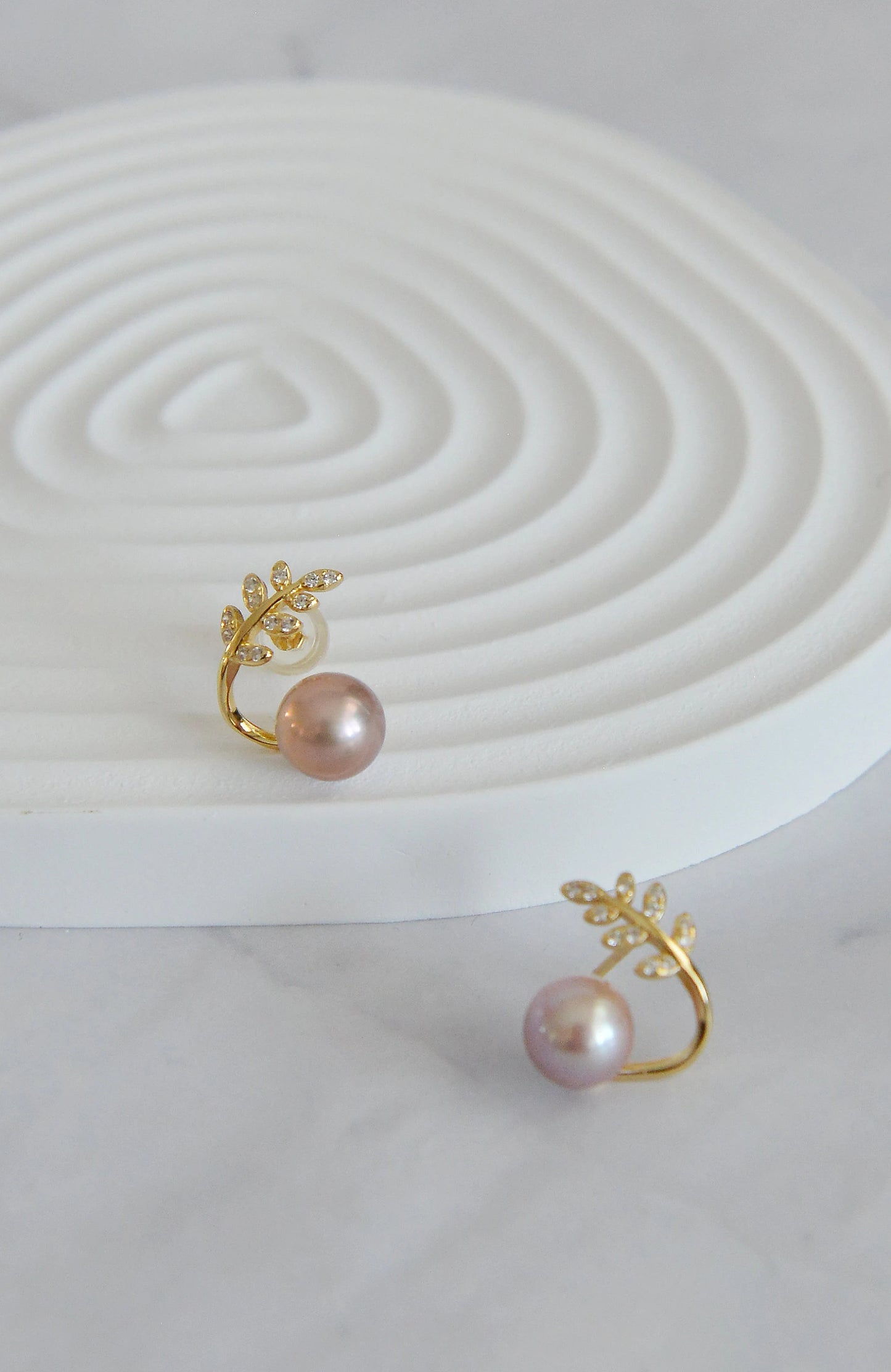Natural Pearl on Olive Leaves Stud Earrings, 18K Gold Plated Sterling