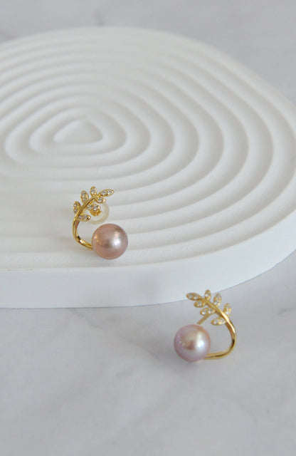 Natural Pearl on Olive Leaves Stud Earrings, 18K Gold Plated Sterling