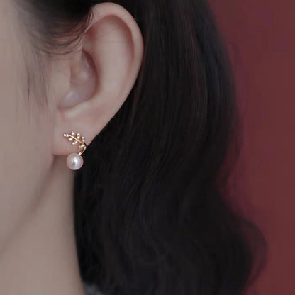 Natural Pearl on Olive Leaves Stud Earrings, 18K Gold Plated Sterling