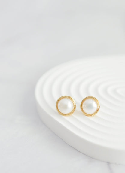 Gold Plated Wire Wrapped Pearl Stud Earrings - Crafted with Copper
