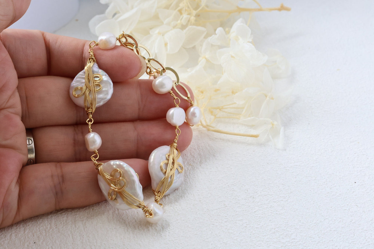 Large Baroque Pearl Wire-Wrapped Bracelet