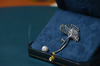 Handmade Ginkgo Leaf Brooch - Crafted with Pearl