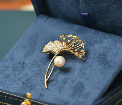Handmade Ginkgo Leaf Brooch - Crafted with Pearl