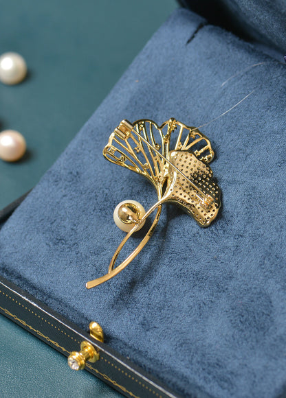 Handmade Ginkgo Leaf Brooch - Crafted with Pearl