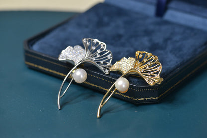 Handmade Ginkgo Leaf Brooch - Crafted with Pearl