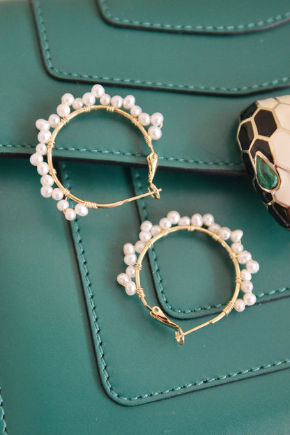 Handmade Freshwater Pearl Hoop Earrings - Crafted with Brass
