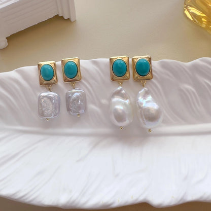 Baroque Pearl Dangle Earrings - Crafted with Brass