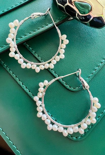 Handmade Freshwater Pearl Hoop Earrings - Crafted with Brass