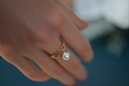 18K Gold Heart Ring with Freshwater Pearl - Crafted with sterling