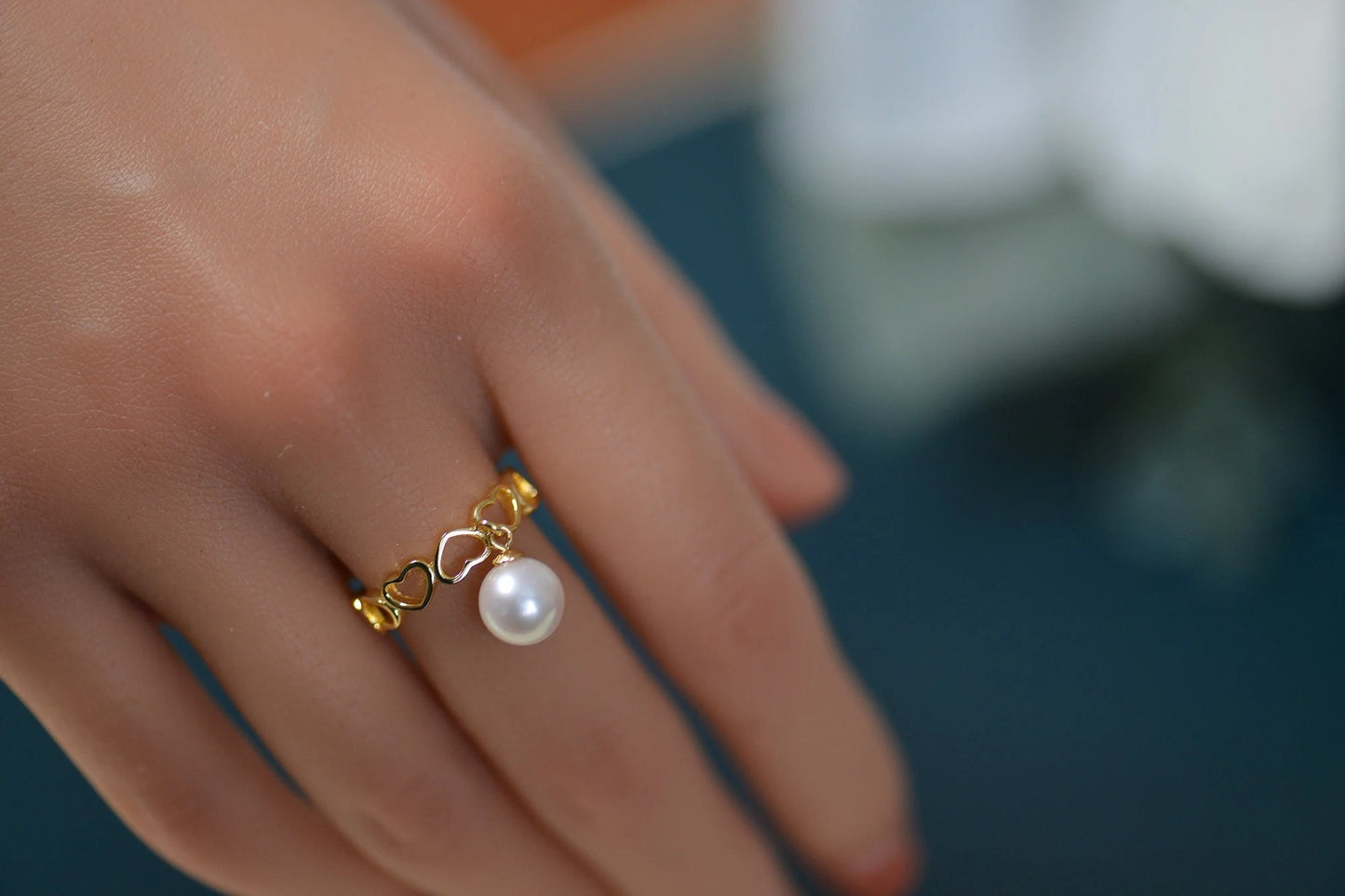 18K Gold Heart Ring with Freshwater Pearl - Crafted with sterling