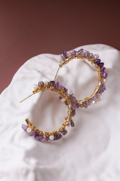 Handmade Amethyst & Pearl Hoop Earrings