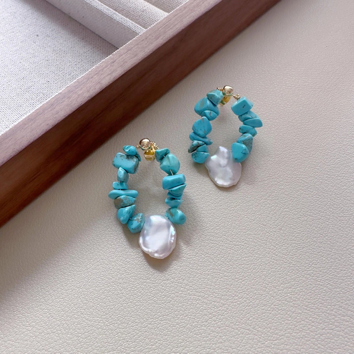 Turquoise Teardrop Hoop Earrings - Crafted with Brass