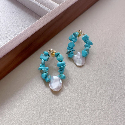 Turquoise Teardrop Hoop Earrings - Crafted with Brass